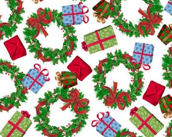 Christmas Fabric, By The Yard, Wreaths and Presents, QT Fabrics, 27683 -Z, White, Quilting Cotton, BTY, TheFabricEdge