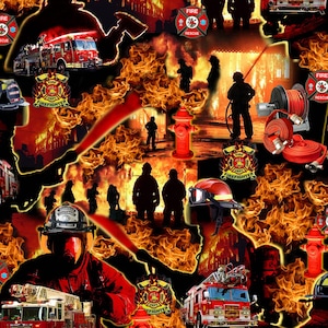 Firefighter Fabric, By The Yard, Under Fire Scenic, Elizabeth&#39;s Studio, 580E-RED, Quilting Cotton, BTY, TheFabricEdge