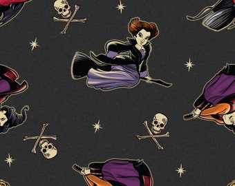 Halloween Fabric By The Yard, Disney Hocus Pocus Witches on Brooms Fabric, 74465A620715 Dark, Licensed Quilting Cotton BTY, TheFabricEdge