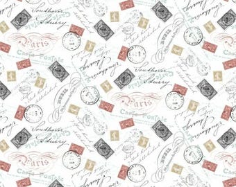 Paris Fabric, By The Yard, Merci Paris Postale, Postage Stamps, Windham Fabrics, White, 52141-X, Quilting Cotton, BTY, TheFabricEdge