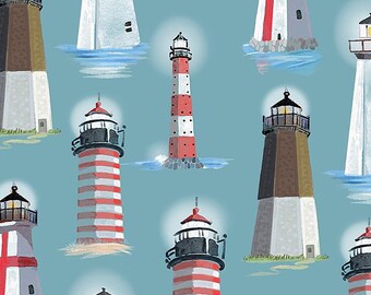 Lighthouse Fabric By The Yard Ocean Blue Lighthouses, Timeless Treasures CD1294 Teal, Quilting Cotton BTY, TheFabricEdge