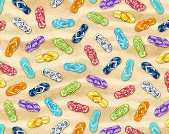 Beach Fabric By The Yard, Colorful Flip Flops on The Sand, Timeless Treasures C1173, Quilter Cotton BTY, TheFabricEdge