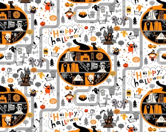 Halloween Fabric By The Yard, Patrick Lose Ghoultide Greetings Halloween Town, White, 10018-10, Quilting Cotton BTY, TheFabricEdge