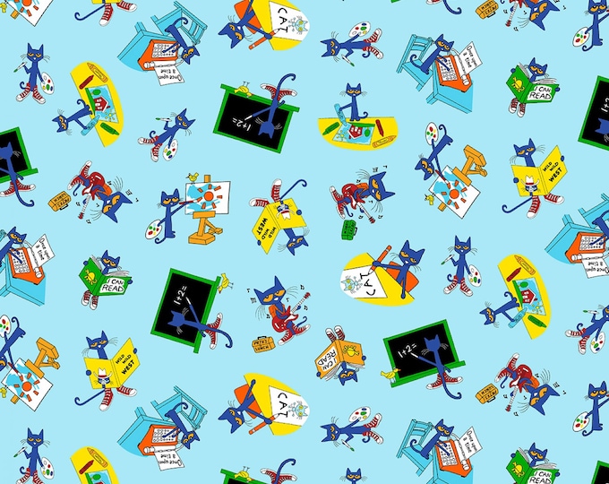 Pete the Cat Fabric, Back to School, Light Blue, by the Yard