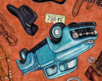 Guitar Fabric, By The Yard, Lil' Bit Country, Toss Trucks and Guitars, QT Fabrics, 27740-T, Terracotta, Quilting Cotton, BTY, TheFabricEdge
