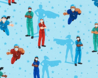 Nurse Fabric, By The Yard, Frontline Heroes Nurses & Doctors, Robert Kaufman, SRK203354 Blue, Quilting Cotton, BTY, TheFabricEdge
