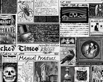 Halloween Fabric By The Yard, Wicked Newspapers, Timeless Treasures Wicked-CD1825 White, Quality Quilting Cotton