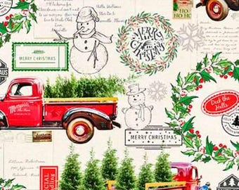 Christmas Fabric, By The Yard, Deck The Halls, Christmas Post Card Fabric, Red Truck Fabric, 72426A, Quilting Cotton, BTY, TheFabricEdge