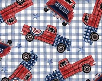 Patriotic Farm Truck Fabric By The Yard, Land That I Love Freedom Trucks, CX9702-DENI-D Blue Gingham, Quilting Cotton BTY, TheFabricEdge