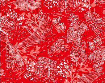 Travel Fabric By The Yard, Joie De Vivre Around Town, Michael Miller Fabrics, CX9281-REDX-D, Quilting Cotton BTY, TheFabricEdge