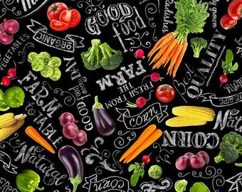 Garden Kitchen Fabric by The Yard, Vegetable Chalkboard, Timeless Treasures Food-CD1981-Black,  Quality Quilting Cotton