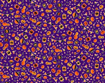 Halloween Fabric By The Yard, Patrick Lose Ghoultide Greetings Pumpkin Party Candy, Purple, 10020-84, Quilting Cotton BTY, TheFabricEdge