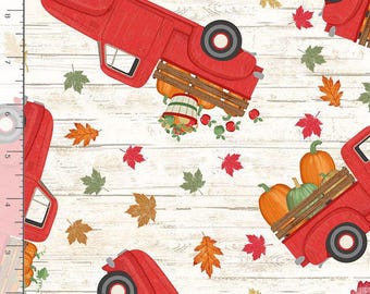 Farm Truck Fabric, By The Yard, Red Trucks With Pumpkins, Timeless Treasures, C7865, Quilting Cotton, BTY, TheFabricEdge