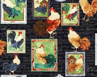 Rooster Fabric, By The Yard, Farm Raised Rooster Patch, Henry Glass, 1974-99 BLACK, Quilting Cotton, BTY, TheFabricEdge