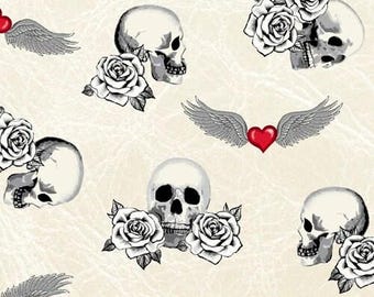 Skull Fabric, By The Yard, Born To Ride Tattoo, Windham Fabrics, 52241-1 Cream, Quilting Cotton, BTY, TheFabricEdge