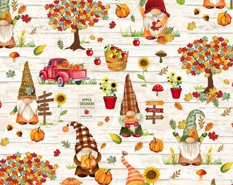 Gnome Fabric By The Yard, Fall Gnomes with Pumpkins, Timeless Treasures Gail-CD2127 Cream,