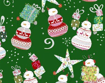 Snowman Fabric, By The Yard, Happy Christmas, Green, Tossed Snowmen, Quilting Treasures, 27257F, Quilting Cotton, BTY, TheFabricEdge