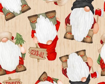 Gnomes Fabric, By The Yard, Beige Tossed Gnomes, Timber Gnomies, Henry Glass, 9274-48, Quilting Cotton, BTY, TheFabricEdge