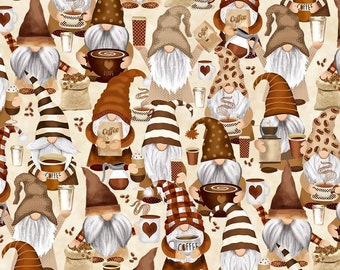 Coffee Fabric By The Yard, Coffee Gnomes Fabric, Timeless Treasures CD2027 Beige, Quality Quilting Cotton, TheFabricEdge