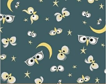 Owl Fabric, By The Yard, Who's Hoo Night Owl, Windham Fabrics, Quilting Cotton, Teal, 51594-3, BTY, TheFabricEdge