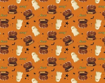 Halloween Candy Fabric By The Yard, Hershey Reeses Ghosts and Jack-O-Lanterns, Riley Blake C11980-ORANGE, Quilting Cotton, TheFabricEdge