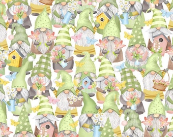 Gnome Fabric by The Yard, Spring Gnomes, Timeless Treasures Spring Gnome and Birdcage, Gail-CD2002