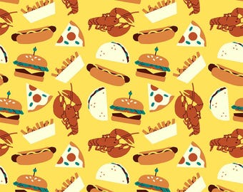 Food Truck Fabric, By The Yard, Food Truck Burgers and Pizza, Yellow, Paintbrush Studio, 120-209401, Quilting Cotton, BTY, TheFabricEdge