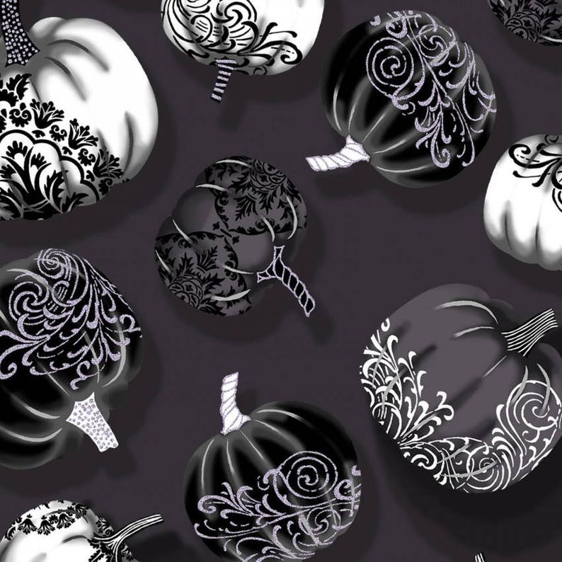 Pumpkins Henry Glass Fabric by the yard TheFabricEdge Pumpkin Fabric Cotton Scroll Metallic Halloween Fabric Fright Night Fall