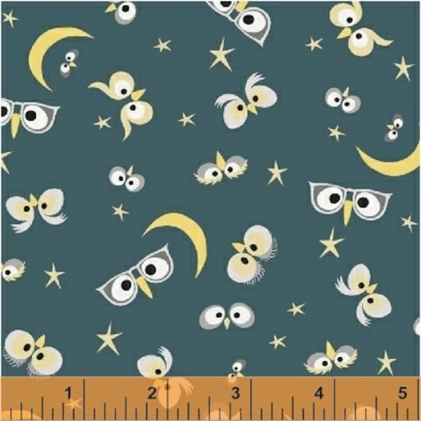 Owl Fabric, By The Yard, Who's Hoo Night Owl, Windham Fabrics, Quilting Cotton, Teal, 51594-3, BTY, TheFabricEdge