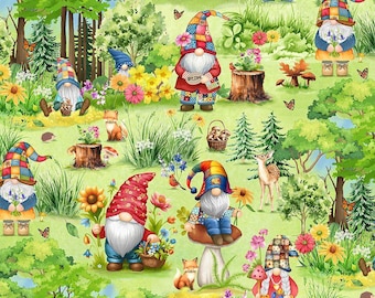 Hippie Gnomes Fabric By The Yard, Hippie Gnomes Garden, Timeless Treasures Fun-CD3739 Green, Quilting Cotton