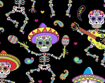 Dancing Day of The Dead Fabric by The Yard, Timeless Treasures, C6538 Black, Sugar Skull Fabric, Quilting Cotton BTY, TheFabricEdge