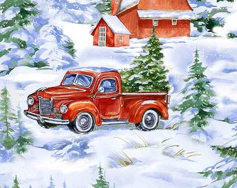 Christmas Red Trucks Fabric By The Yard, Trucks in The Winter Homestead, Timeless Treasures C8665, Quilting Cotton BTY