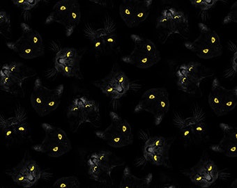 Halloween Fabric by The Yard, Northcott Candelabra Black Cat Faces 24770-99, Quilting Cotton BTY, TheFabricEdge