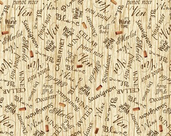 Wine Fabric By The Yard, Wine Variety and Corks On Wood, Timeless Treasures Wine-CD1934 Cream. Quality Quilting Cotton BTY, TheFabricEdge