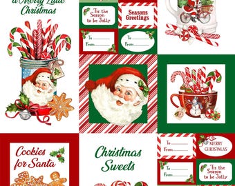 Christmas Labels Fabric Panel, 24" Panel, Northcott Peppermint Candy Labels DP24620-10, Quilting Cotton, TheFabricEdge