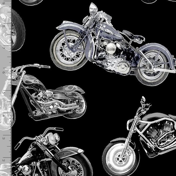 Motorcycle Fabric, PRECUT HALF YARD, Motorcycles, Timeless Treasures, C7717, Black, Quilting Cotton, TheFabricEdge