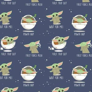 May include: A repeating pattern on a navy blue background featuring a green alien character in various poses. The character is shown standing, sleeping, and in a pod. Text includes "First Trip Out", "First Force Push", "Wait for Me!", and "Power Nap".