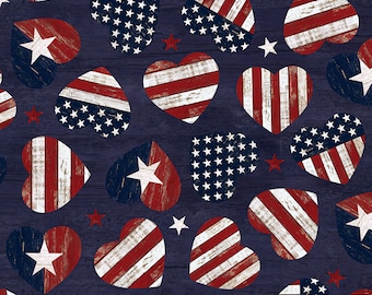 Patriotic Fabric, PRECUT HALF YARD, American Flag Hearts, Dark Blue, C7046, Timeless Treasures Fabric, TheFabricEdge