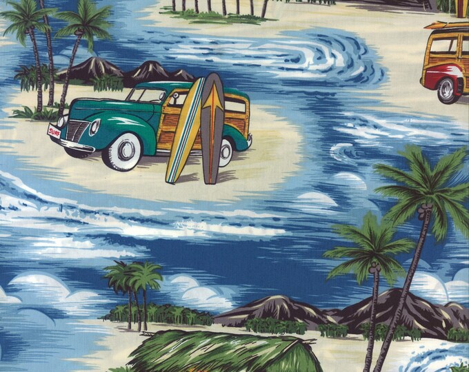 Surfing Fabric, by the Yard, Surf Hut Woodies, Blue, Hawaii Fabric ...