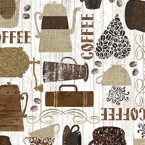 Coffee Fabric, By The Yard, Wood Coffee Motifs, C7985, Timeless Treasures, Quilting Cotton, BTY, TheFabricEdge