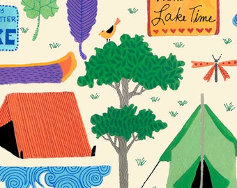 Lake Time Fabric, PRECUT HALF YARD, Quilting Treasures, Camping Fabric, Canoe Fabric, Hiking Fabric, 27229E, TheFabricEdge