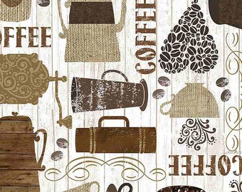 Coffee Fabric, By The Yard, Wood Coffee Motifs, C7985, Timeless Treasures, Quilting Cotton, BTY, TheFabricEdge