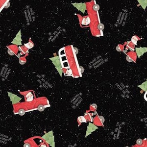 Santa Claus Fabric, By The Yard, Making Spirits Bright, Santa Delivery, Christmas Tree Truck, RV, Camper, Red Truck,  Black, TheFabricEdge