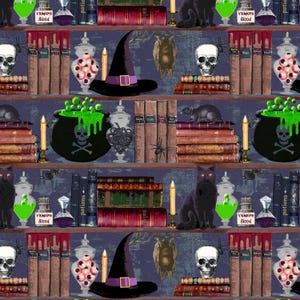 Halloween Fabric By The Yard, Slate Halloween Shelfie, Spooky Library, Windham 52518D-2, Quilting Cotton BTY, TheFabricEdge