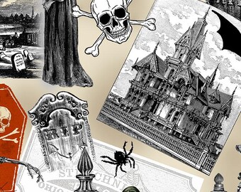 Halloween Fabric By The Yard, Nevermore Spooky Collage, Timeless Treasures C8636, Quilting Cotton BTY, TheFabricEdge