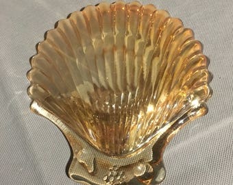 Vintage Golden Honey  Iridescent Carnival Glass Shell Shaped Candy Dish Trinket Dish