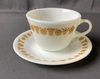 Vintage Corelle /Pyrex Tea Cups & Saucer Butterfly Gold Milk Glass