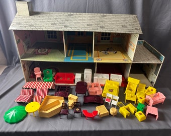 Vintage 1960s Marx Tin Metal Doll House with 33 Plastic Furniture Items  House is 32 1/2" x 18 3/4" x 12"