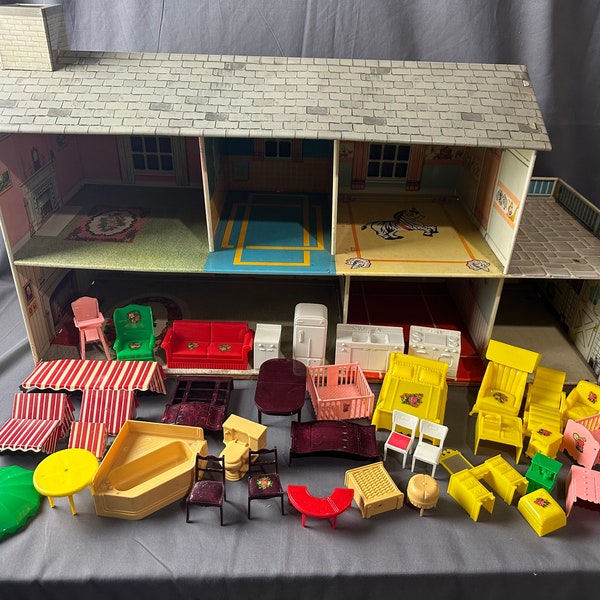 Vintage 1960s Marx Tin Metal Doll House with 33 Plastic Furniture Items  House is 32 1/2" x 18 3/4" x 12"