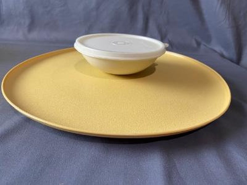 Vintage Tupperware Chip and Dip Yellow Platter Serving Dish with Bowl and Lid 14 diameter